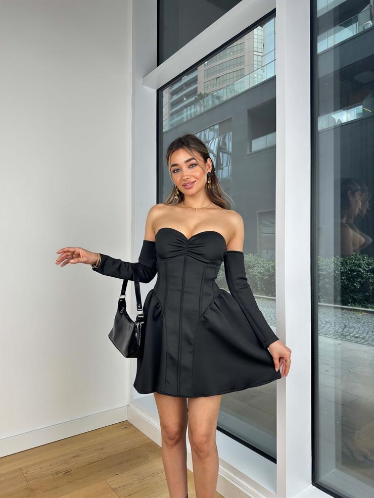Kol Detaylı Straplez Görünümlü Göğüs Kısmı Büzgülü Korse Janison Siyah Kadın Mini Elbise 25K418