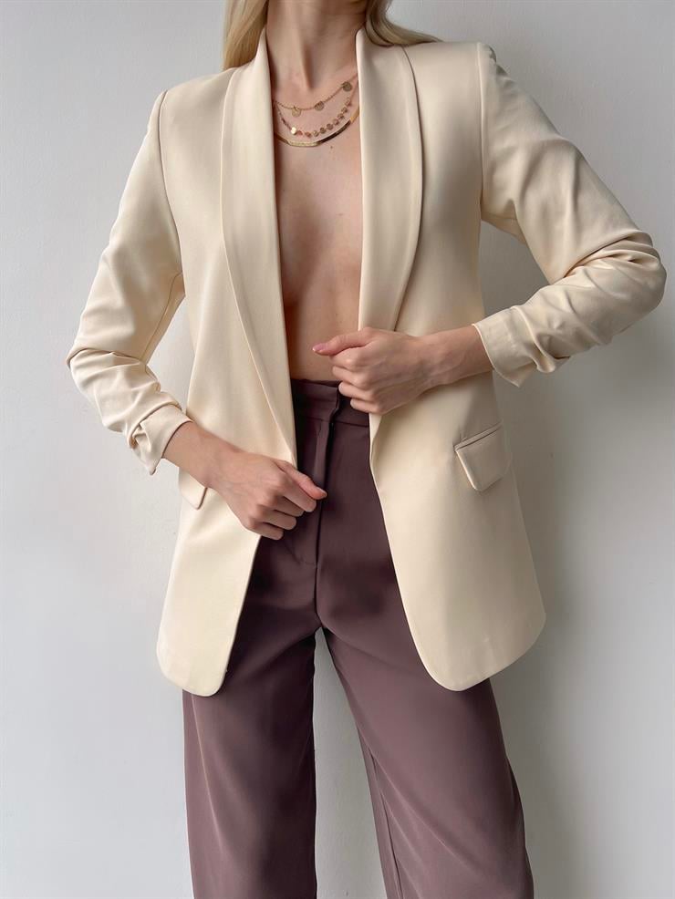 Kol Ucu Büzgü Detaylı Kruvaze Yaka Deasia Kadın Taş Blazer Ceket 23Y000020