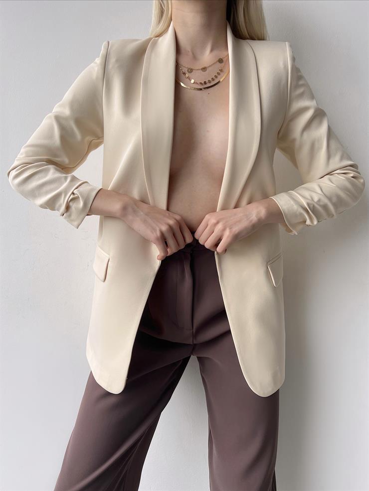 Kol Ucu Büzgü Detaylı Kruvaze Yaka Deasia Kadın Taş Blazer Ceket 23Y000020