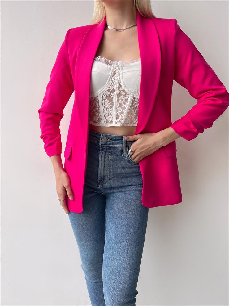 Kol Ucu Büzgü Detaylı Kruvaze Yaka Deasia Kadın Fuşya Blazer Ceket 23Y000020