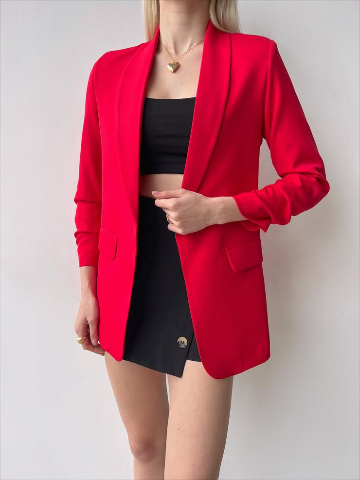 Kol Ucu Büzgü Detaylı Kruvaze Yaka Deasia Kadın Kırmızı Blazer Ceket 23Y000020