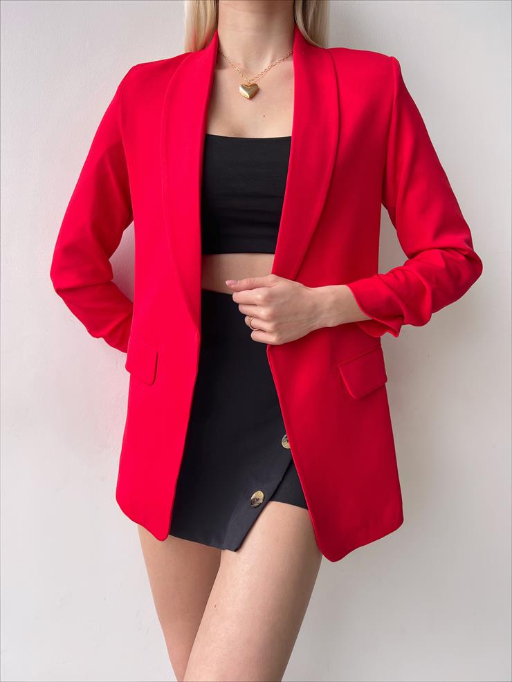Kol Ucu Büzgü Detaylı Kruvaze Yaka Deasia Kadın Kırmızı Blazer Ceket 23Y000020