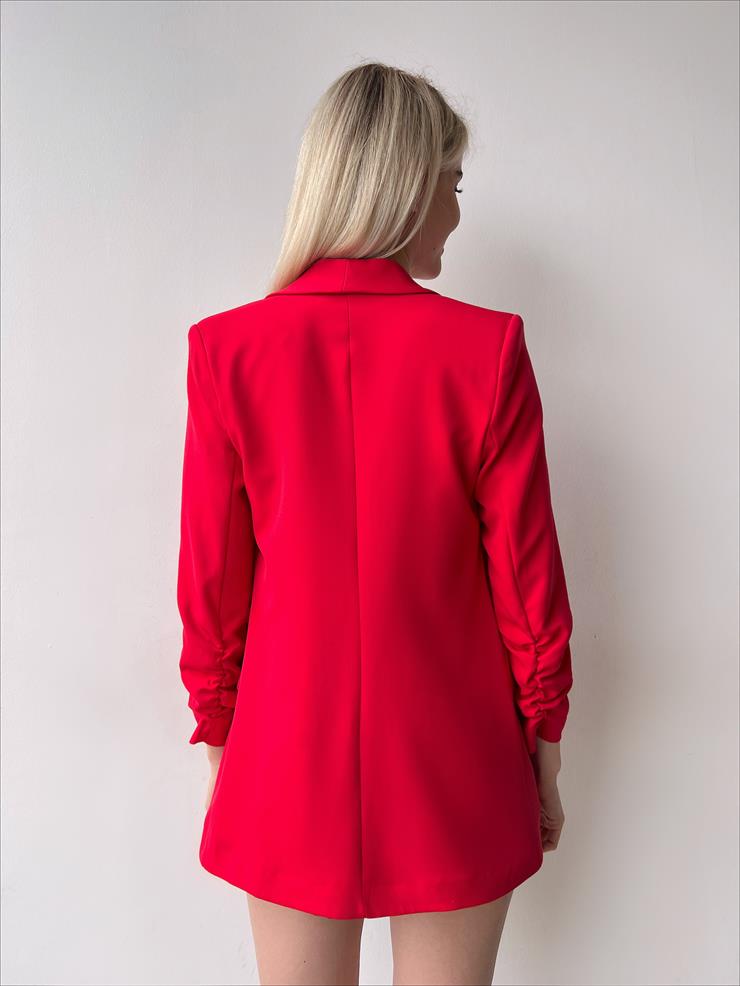 Kol Ucu Büzgü Detaylı Kruvaze Yaka Deasia Kadın Kırmızı Blazer Ceket 23Y000020