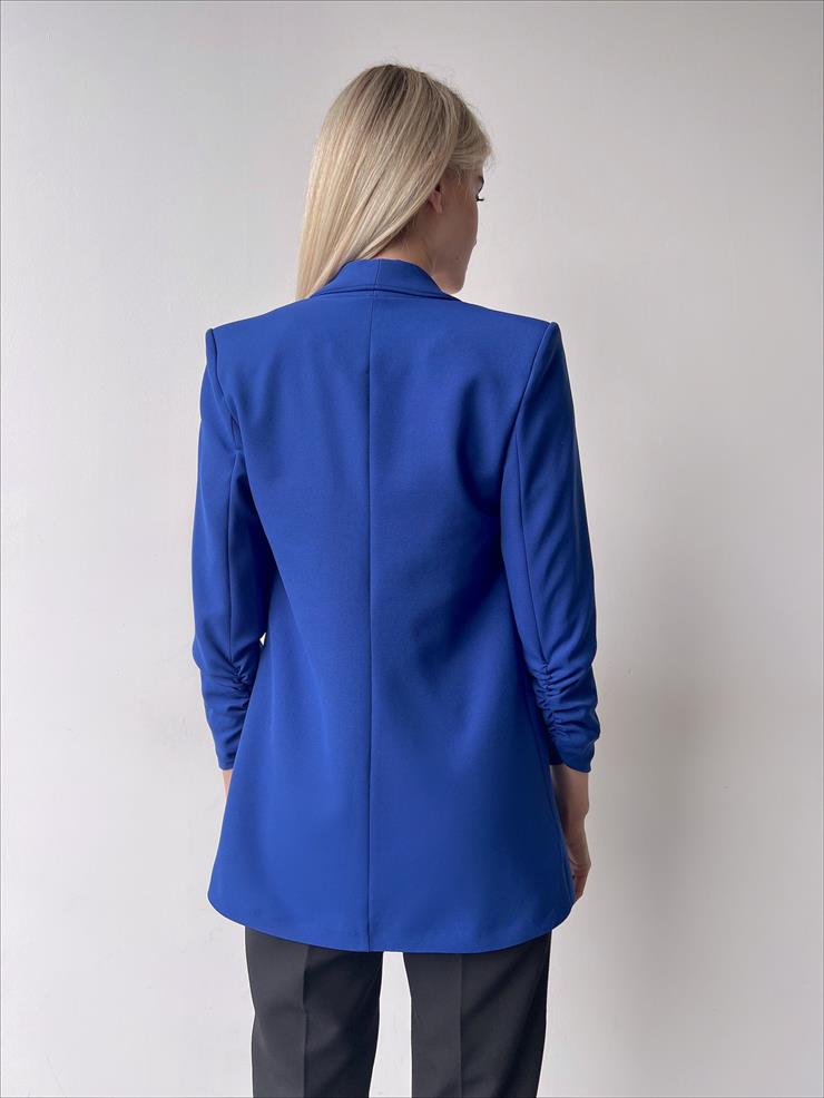 Kol Ucu Büzgü Detaylı Kruvaze Yaka Deasia Kadın Saks Blazer Ceket 23Y000020