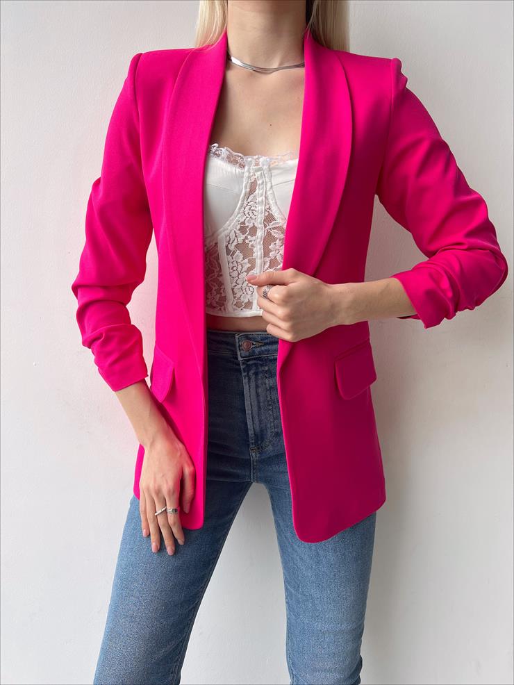 Kol Ucu Büzgü Detaylı Kruvaze Yaka Deasia Kadın Fuşya Blazer Ceket 23Y000020
