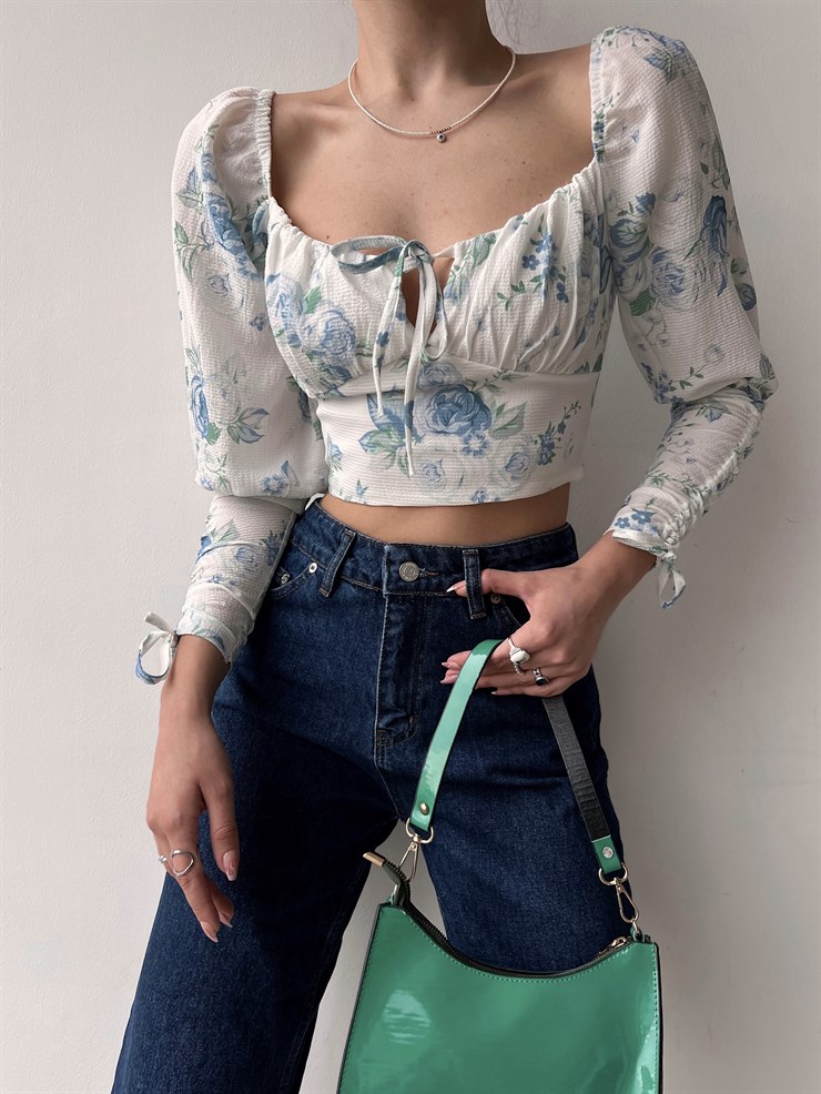 Kol Ve Yaka Bağcık Ayarlamalı Çiçekli Jose Kadın Mavi Crop Bluz 22K000537