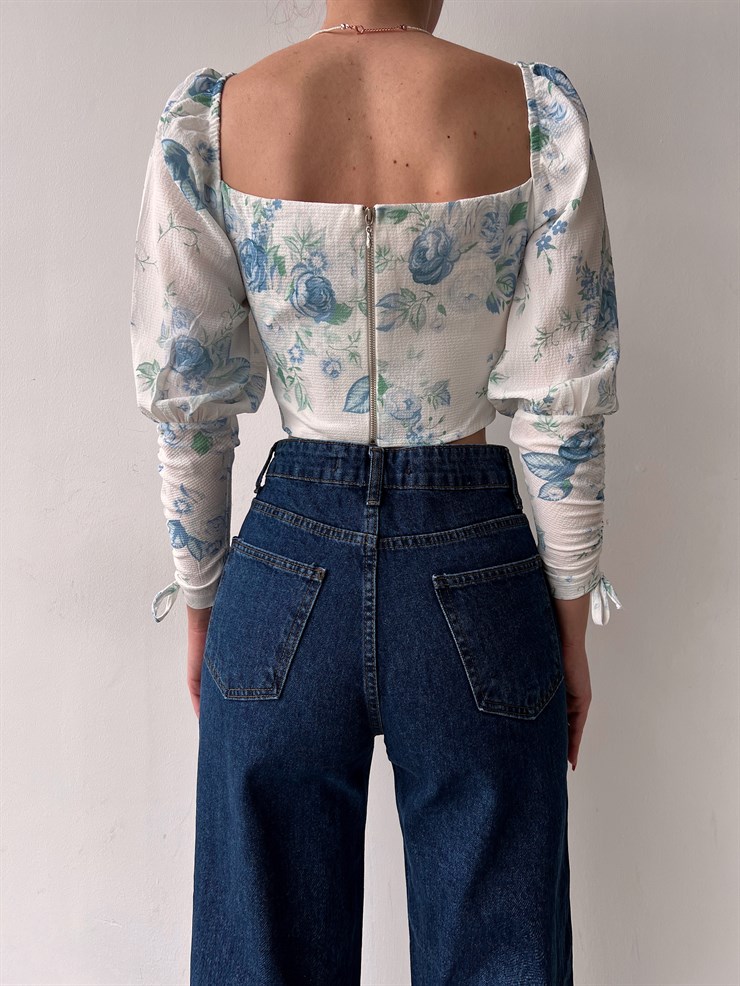 Kol Ve Yaka Bağcık Ayarlamalı Çiçekli Jose Kadın Mavi Crop Bluz 22K000537