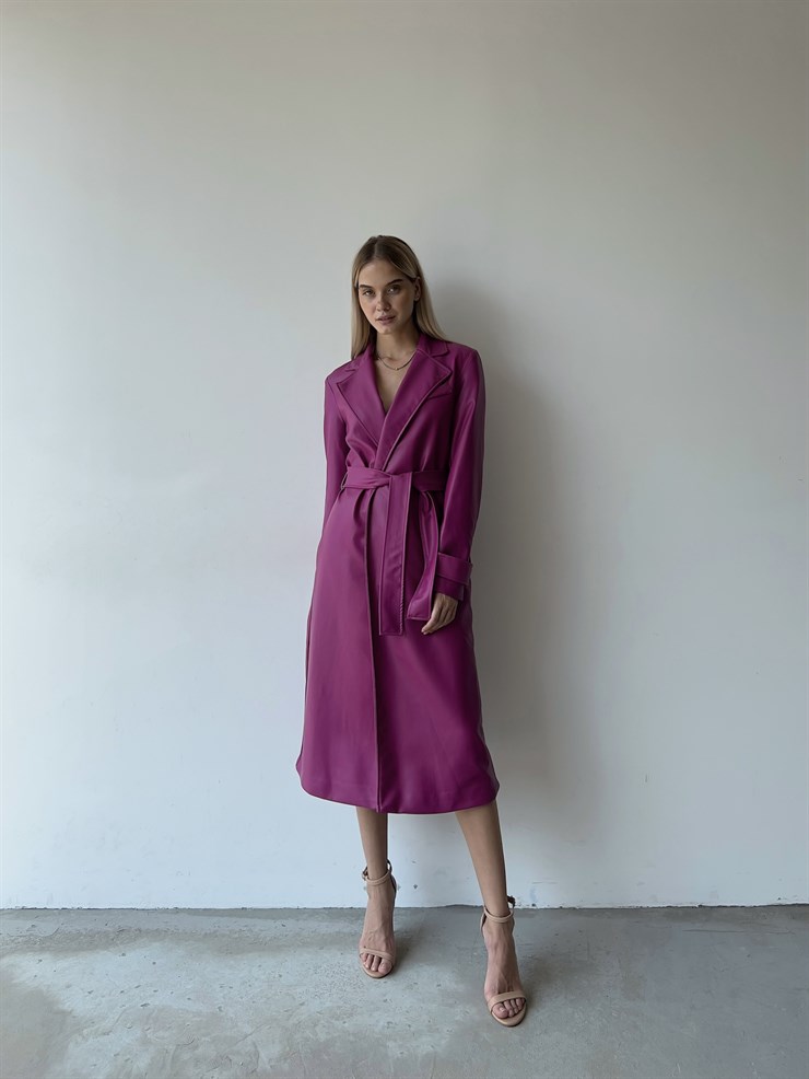 Kolları Kemer Görünümlü Beli Kemerli Adali Kadın Fuşya Vegan Deri Kaban 23K000015