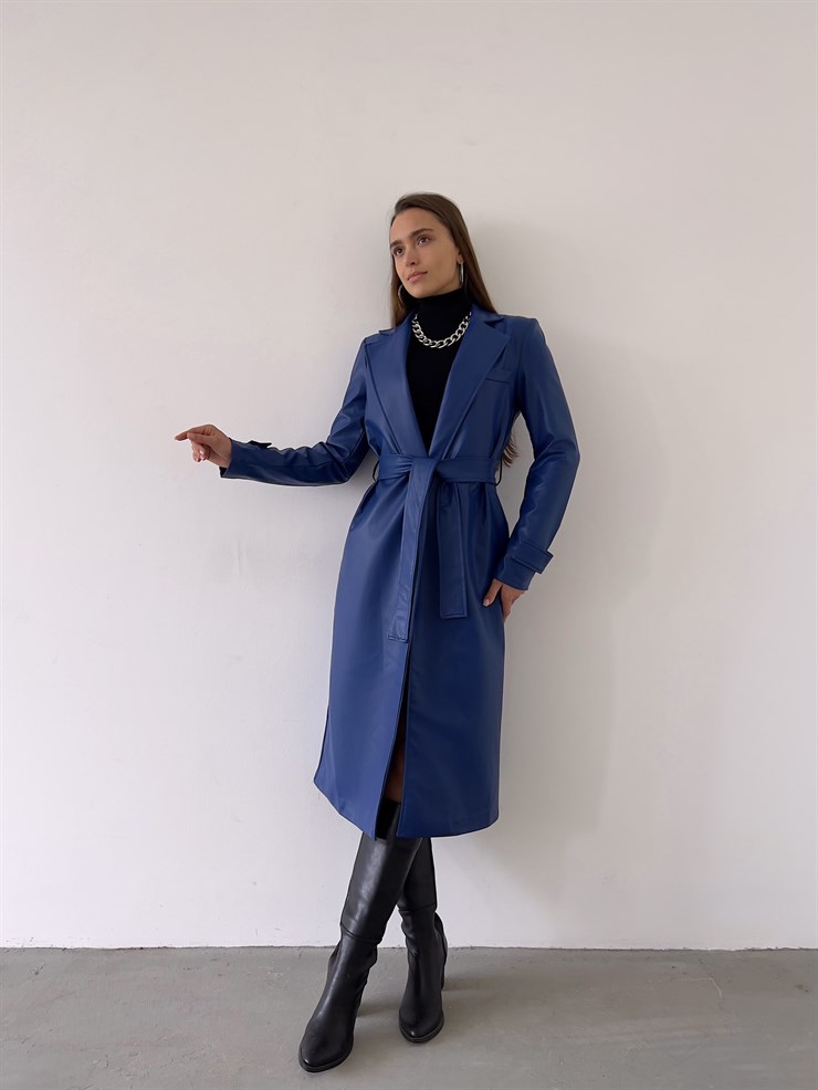 Kolları Kemer Görünümlü Beli Kemerli Adali Kadın Saks Vegan Deri Kaban 23K000015