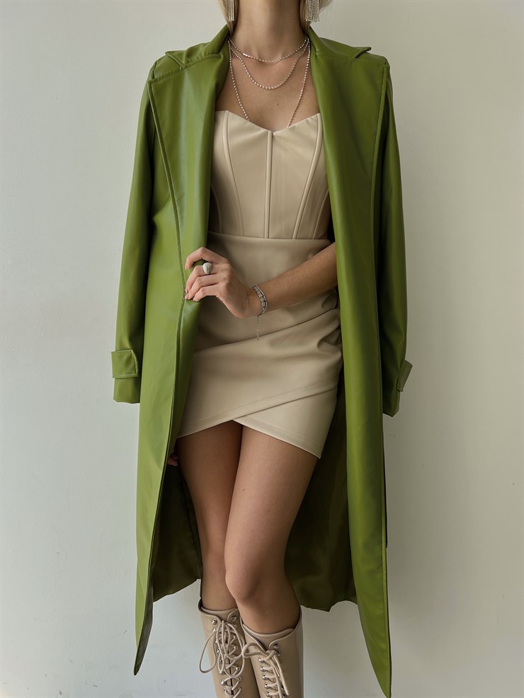 Kolları Kemer Görünümlü Beli Kemerli Adali Kadın Yeşil Vegan Deri Kaban 23K000015