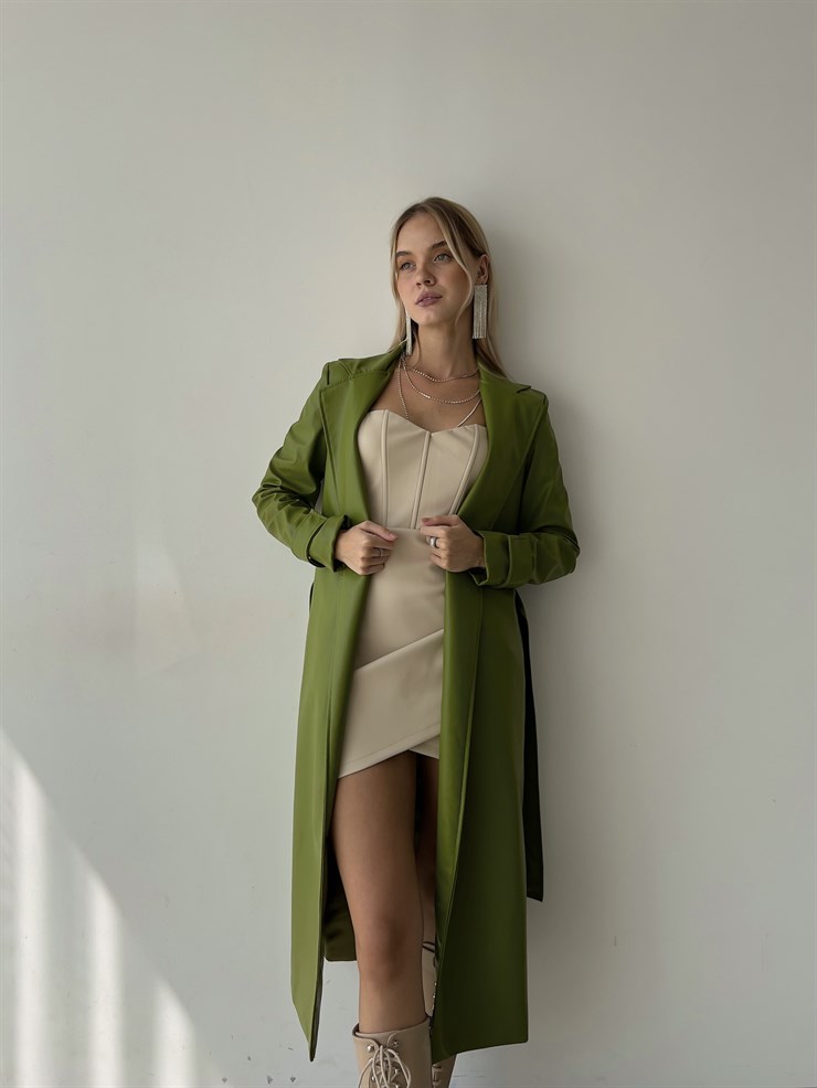 Kolları Kemer Görünümlü Beli Kemerli Adali Kadın Yeşil Vegan Deri Kaban 23K000015