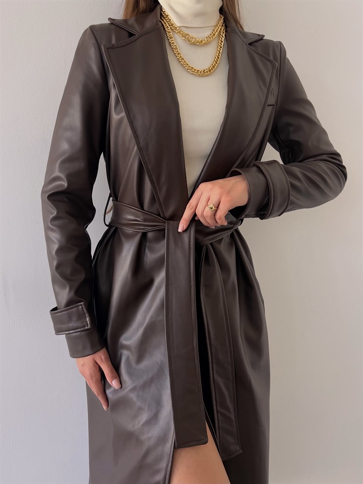 Kolları Kemer Görünümlü Beli Kemerli Adali Kadın Kahve Vegan Deri Kaban 23K000015