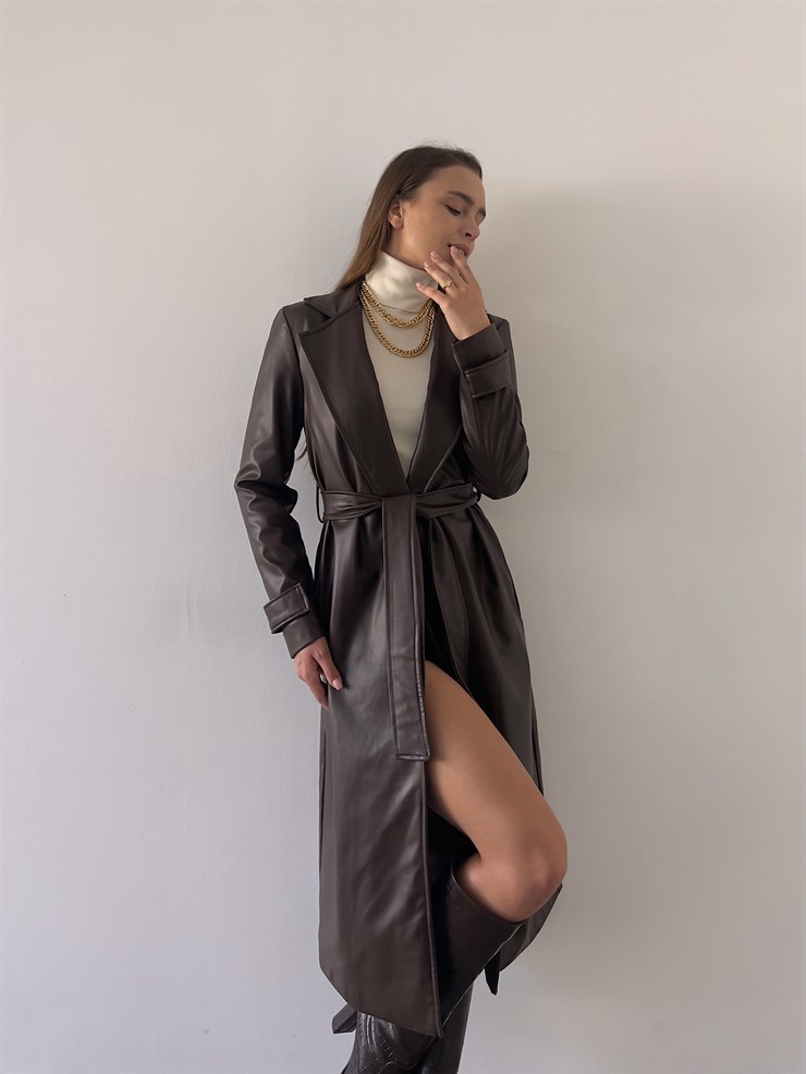 Kolları Kemer Görünümlü Beli Kemerli Adali Kadın Kahve Vegan Deri Kaban 23K000015