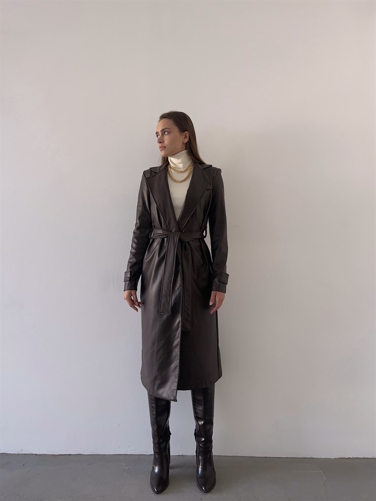 Kolları Kemer Görünümlü Beli Kemerli Adali Kadın Kahve Vegan Deri Kaban 23K000015