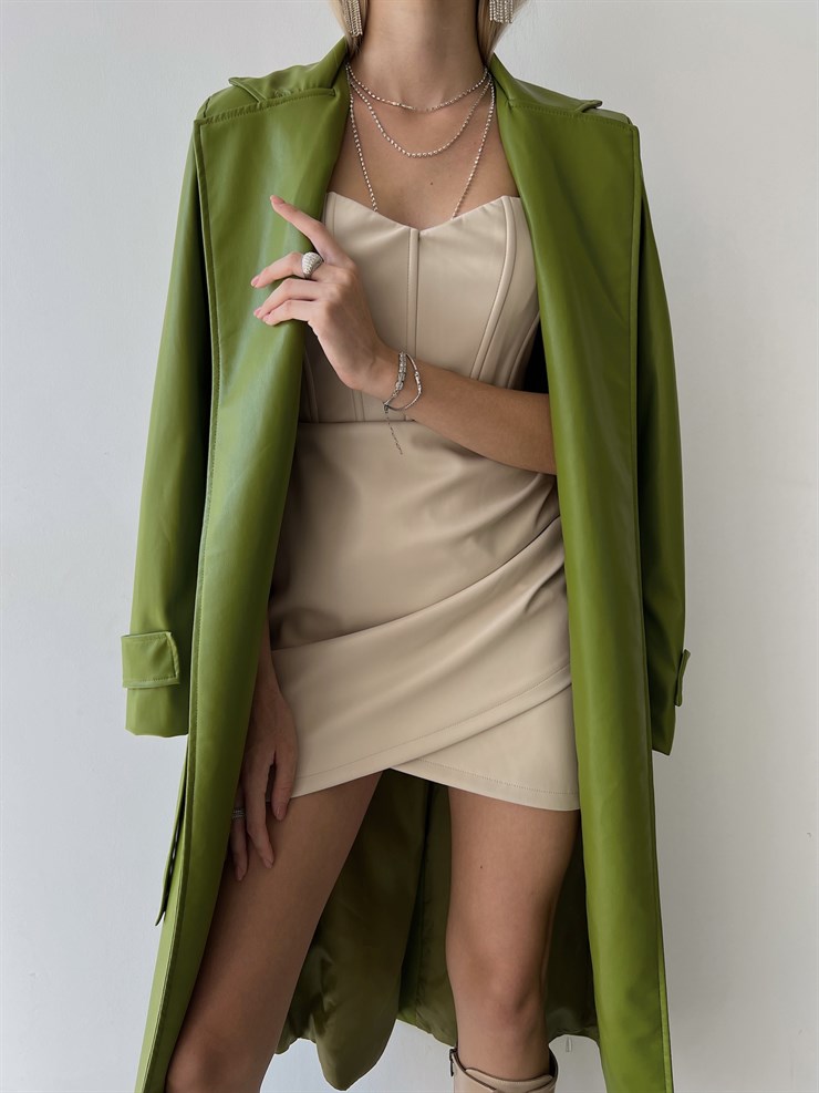 Kolları Kemer Görünümlü Beli Kemerli Adali Kadın Yeşil Vegan Deri Kaban 23K000015