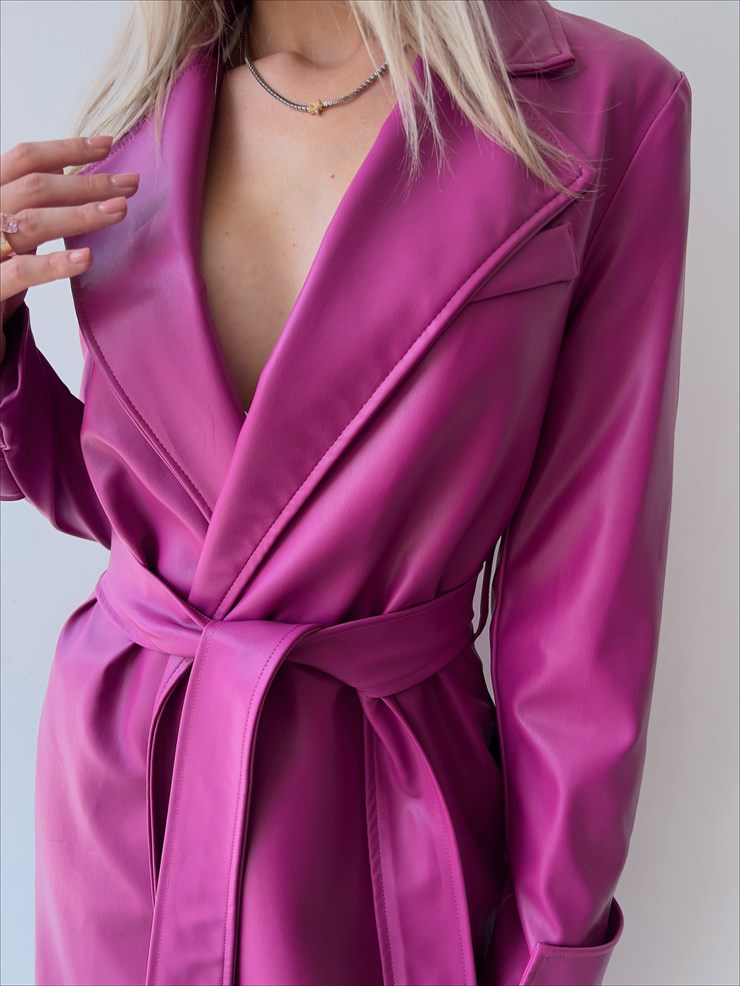 Kolları Kemer Görünümlü Beli Kemerli Adali Kadın Fuşya Vegan Deri Kaban 23K000015