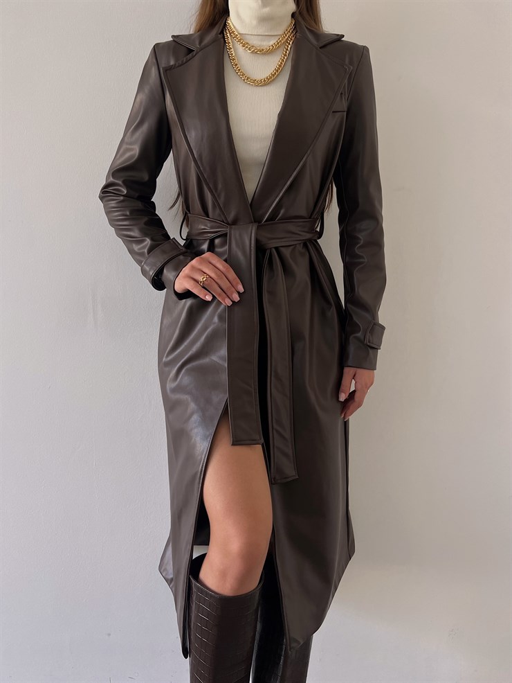 Kolları Kemer Görünümlü Beli Kemerli Adali Kadın Kahve Vegan Deri Kaban 23K000015