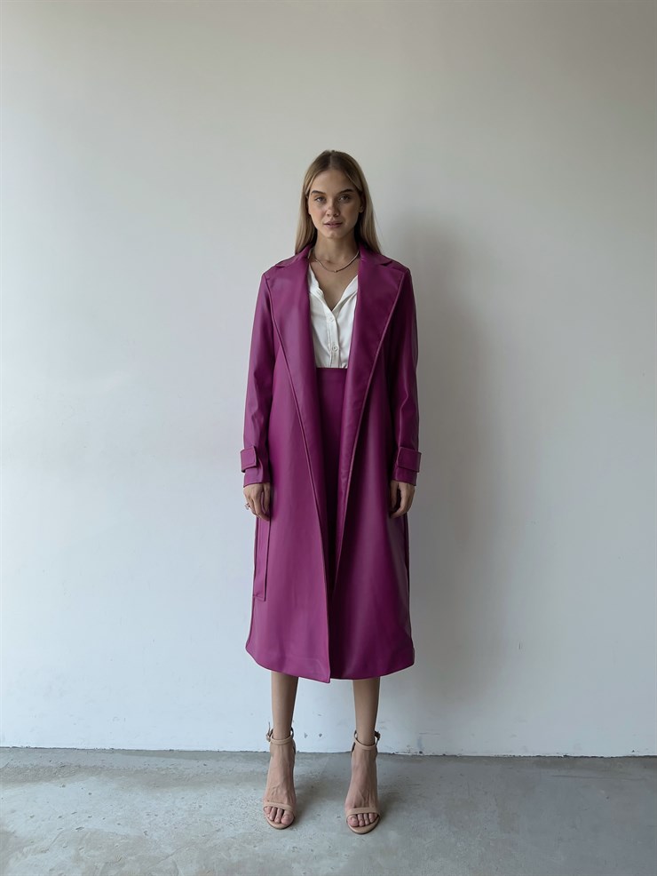 Kolları Kemer Görünümlü Beli Kemerli Adali Kadın Fuşya Vegan Deri Kaban 23K000015