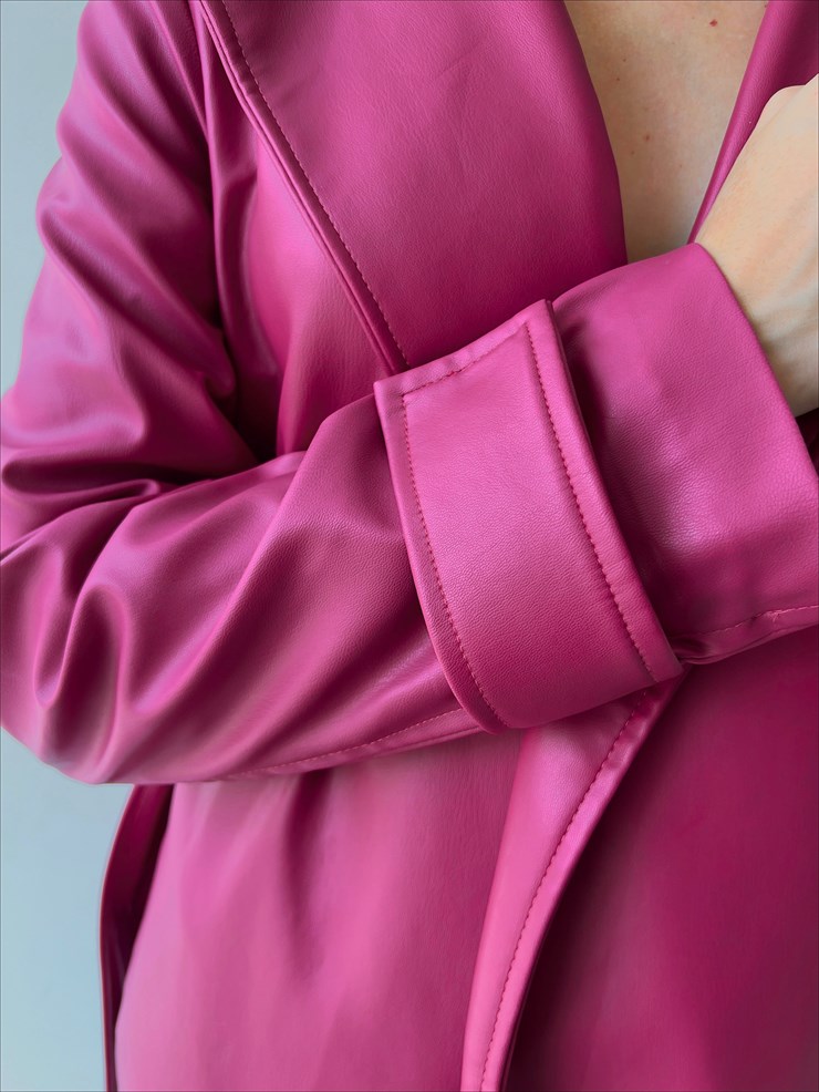 Kolları Kemer Görünümlü Beli Kemerli Adali Kadın Fuşya Vegan Deri Kaban 23K000015