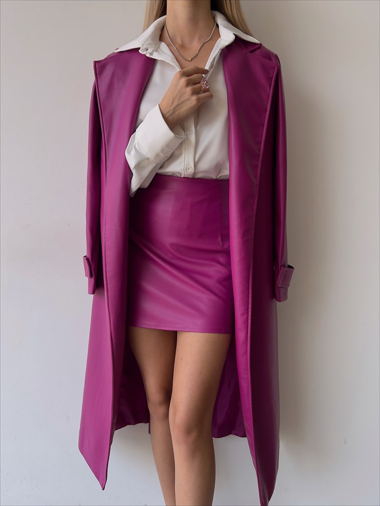 Kolları Kemer Görünümlü Beli Kemerli Adali Kadın Fuşya Vegan Deri Kaban 23K000015