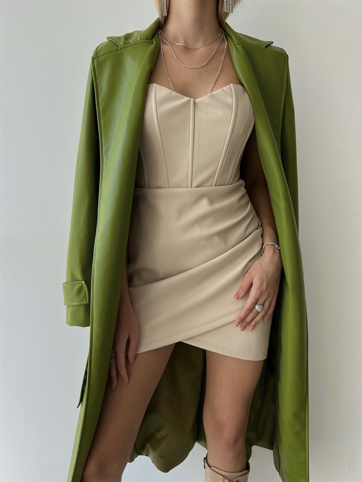 Kolları Kemer Görünümlü Beli Kemerli Adali Kadın Yeşil Vegan Deri Kaban 23K000015