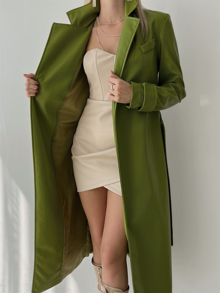 Kolları Kemer Görünümlü Beli Kemerli Adali Kadın Yeşil Vegan Deri Kaban 23K000015