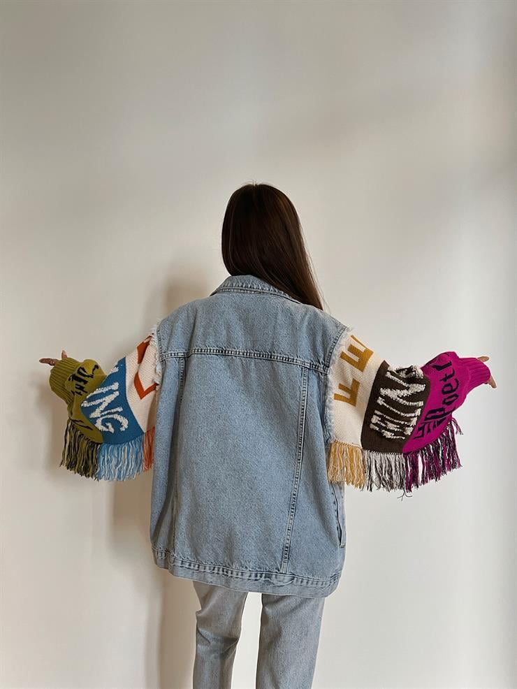 Kolları Örme Kumaş Püskül Detaylı Lolano Kadın Denim Mavi Ceket 24k000062