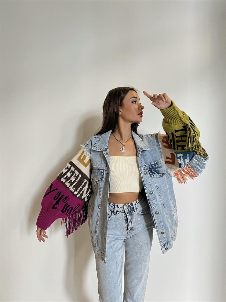 Kolları Örme Kumaş Püskül Detaylı Lolano Kadın Denim Mavi Ceket 24k000062