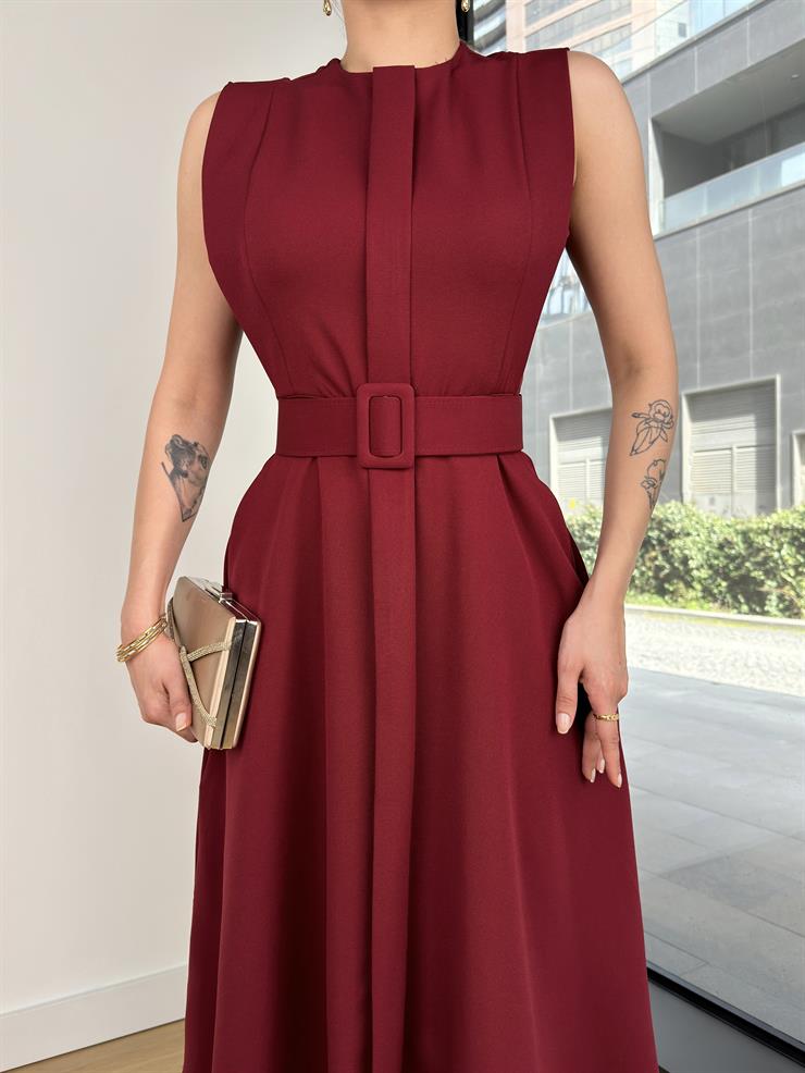 Kolsuz Beli Kemerli Ovın Bordo Kadın Midi Elbise 25Y120