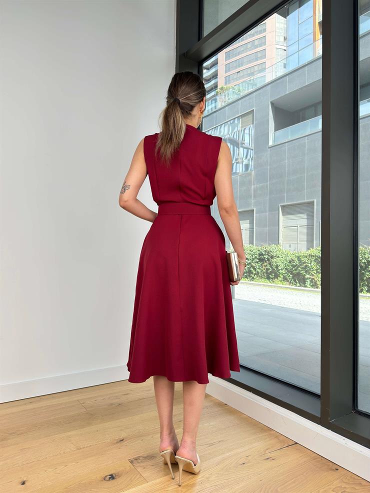 Kolsuz Beli Kemerli Ovın Bordo Kadın Midi Elbise 25Y120