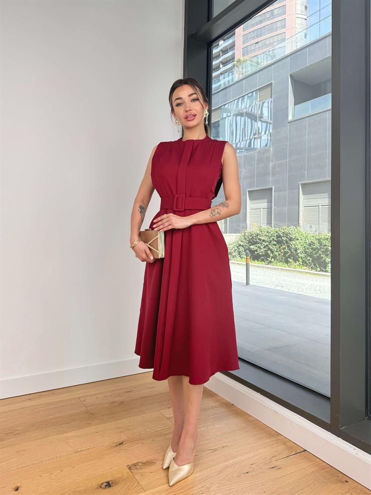 Kolsuz Beli Kemerli Ovın Bordo Kadın Midi Elbise 25Y120