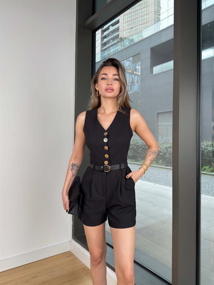 Kolsuz Düğme Kapamalı Beli Kemerli Pens Detaylı Preper Siyah Kadın Şort Tulum 25Y215