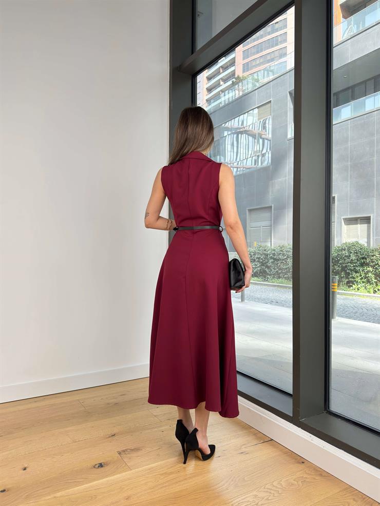 Kolsuz Kruvaze Yaka Beli Kemerli Plag Bordo Kadın Elbise 25Y211