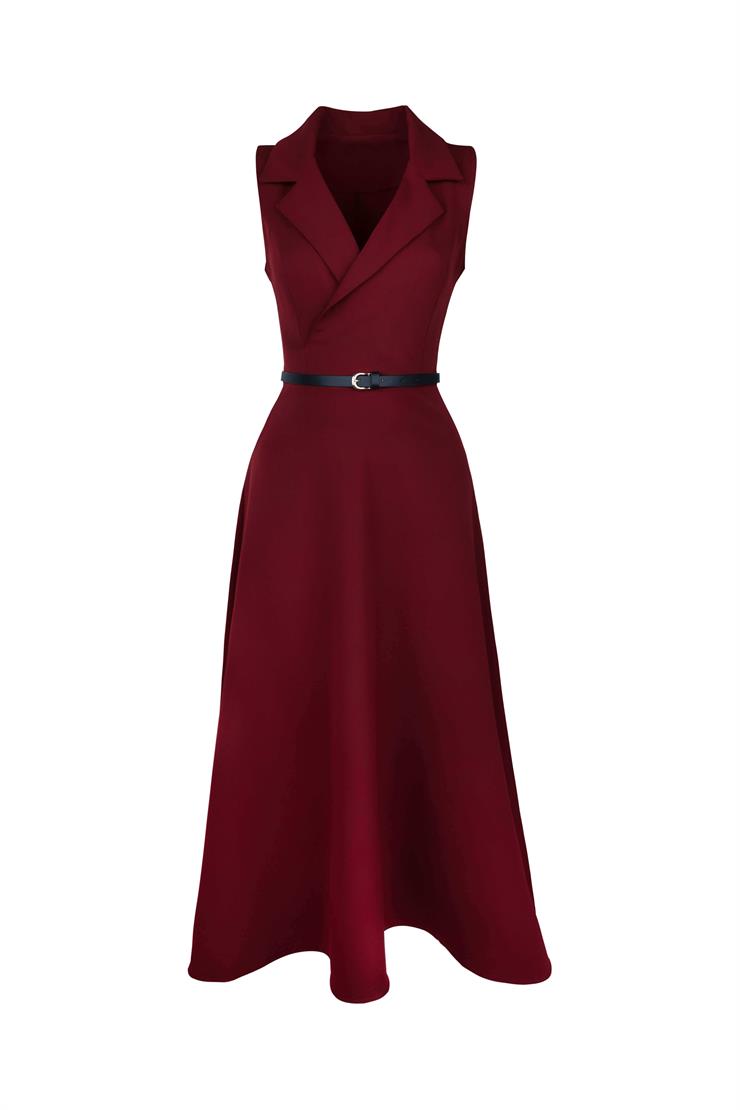Kolsuz Kruvaze Yaka Beli Kemerli Plag Bordo Kadın Elbise 25Y211