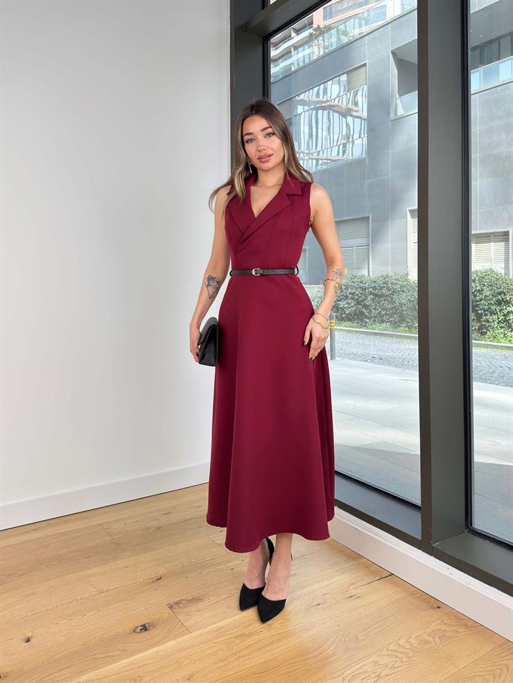 Kolsuz Kruvaze Yaka Beli Kemerli Plag Bordo Kadın Elbise 25Y211