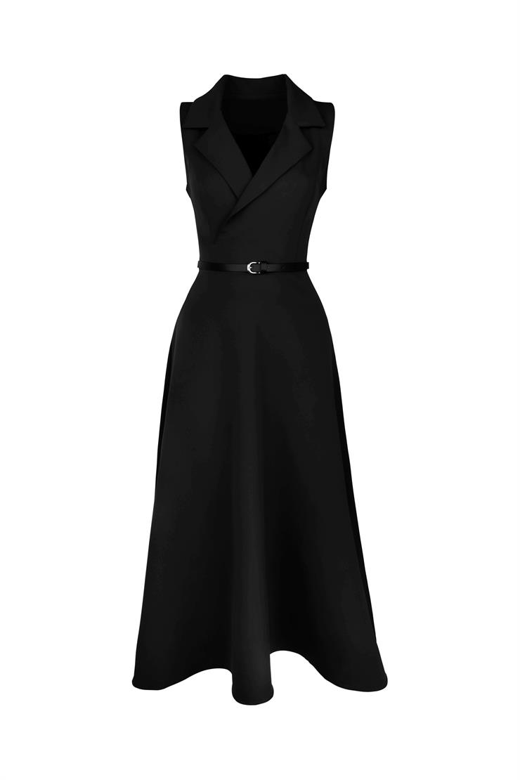 Kolsuz Kruvaze Yaka Beli Kemerli Plag Siyah Kadın Elbise 25Y211