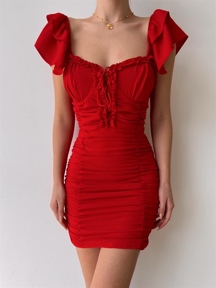 Kolu Fırfırlı Böğüs Bağcıklı Drape Anjali Kadın Kırmızı Mini Elbise 22K000613