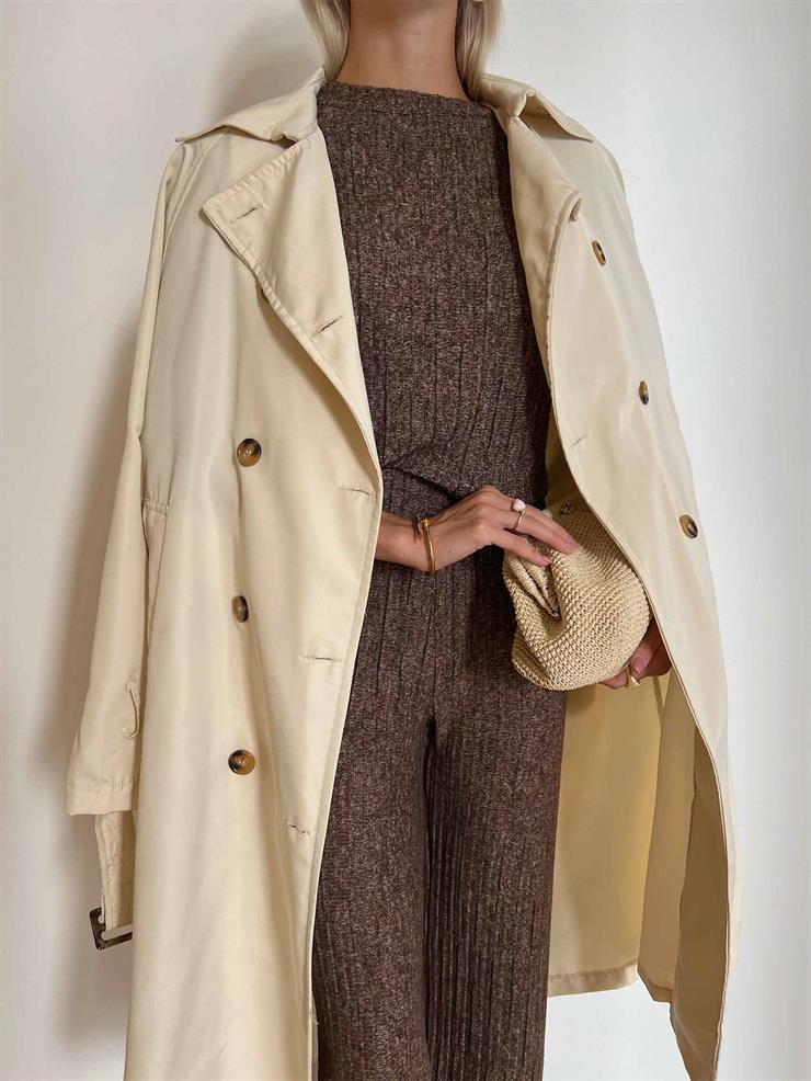 Kolu Kemer Detaylı Belden Kuşaklı Düğmeli Vladilen Kadın Ekru Trençkot 24k000006