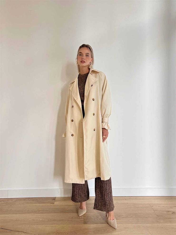 Kolu Kemer Detaylı Belden Kuşaklı Düğmeli Vladilen Kadın Ekru Trençkot 24k000006