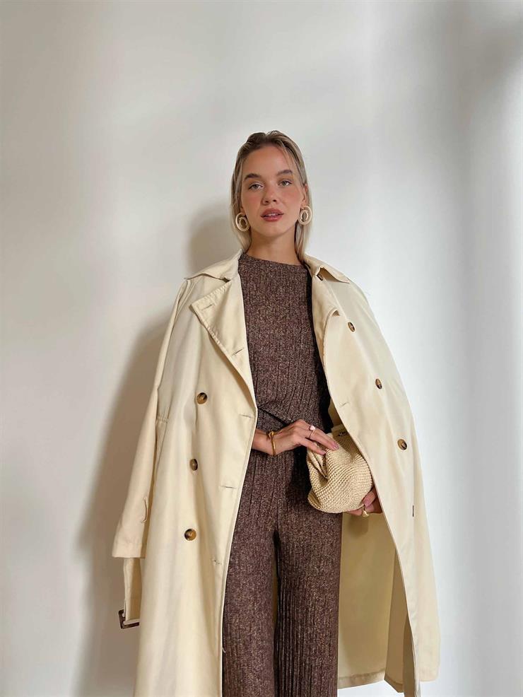 Kolu Kemer Detaylı Belden Kuşaklı Düğmeli Vladilen Kadın Ekru Trençkot 24k000006