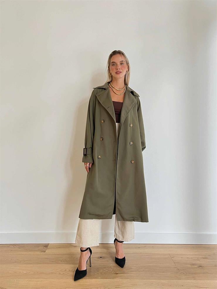 Kolu Kemer Detaylı Belden Kuşaklı Düğmeli Vladilen Kadın Haki Trençkot 24k000006