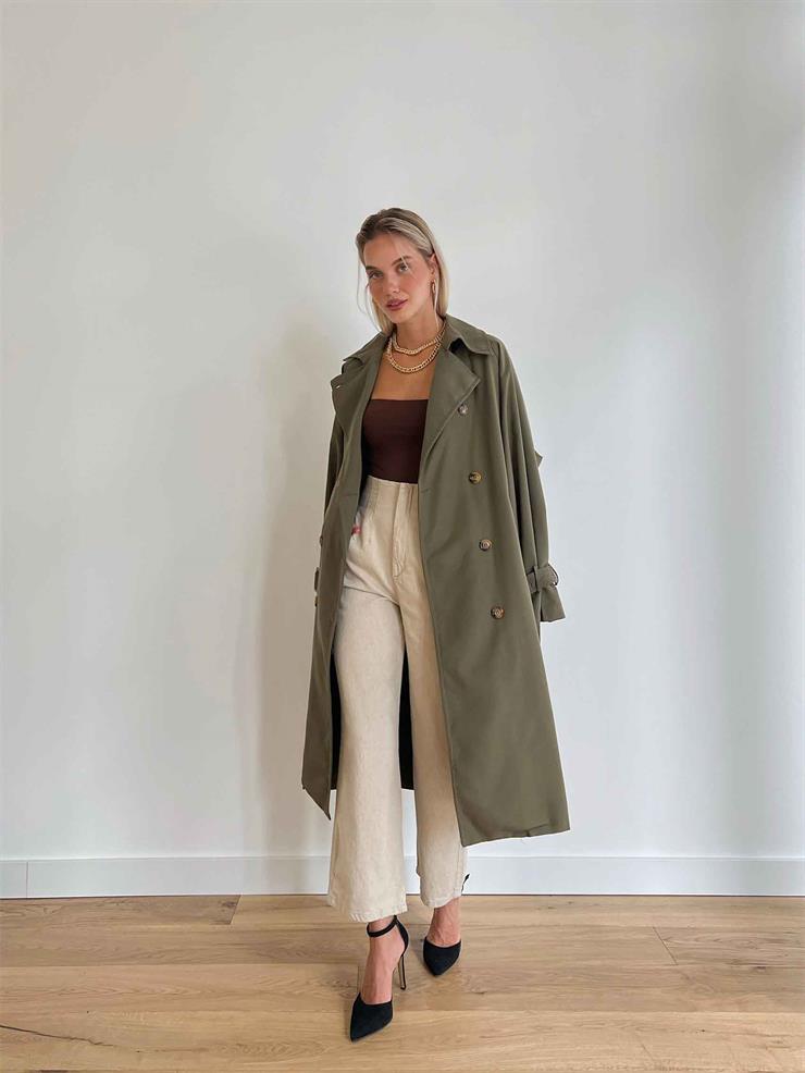 Kolu Kemer Detaylı Belden Kuşaklı Düğmeli Vladilen Kadın Haki Trençkot 24k000006