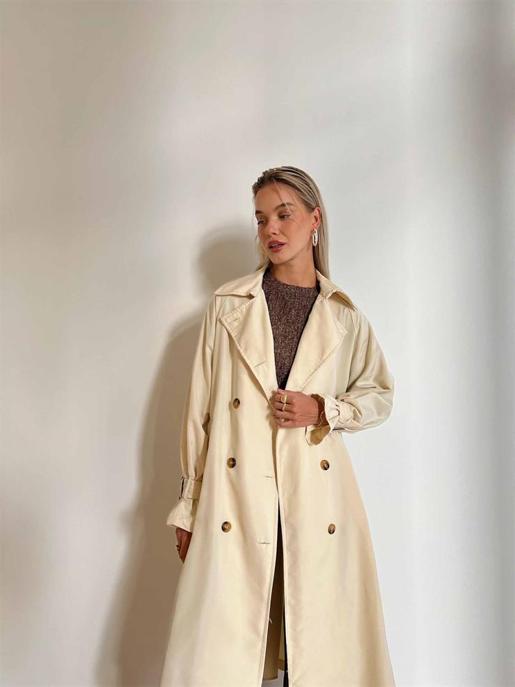 Kolu Kemer Detaylı Belden Kuşaklı Düğmeli Vladilen Kadın Ekru Trençkot 24k000006