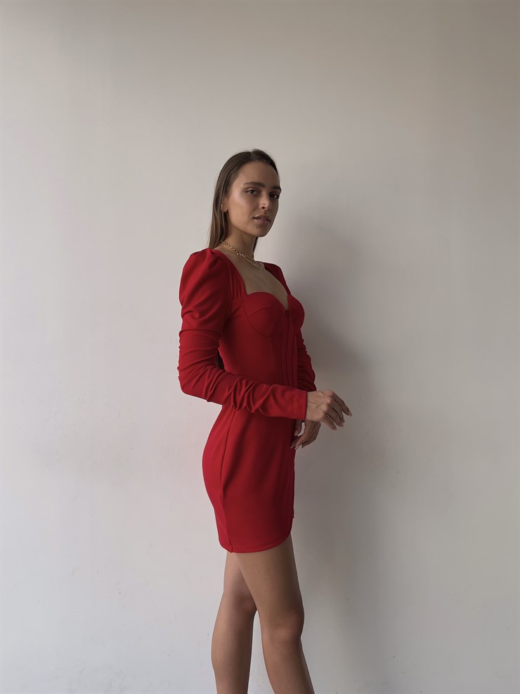Korse Büzgülü Uzun Kol Göğüs Pedli Eteği Kruvaze Paul Kadın Kırmızı Mini Elbise 23K000037