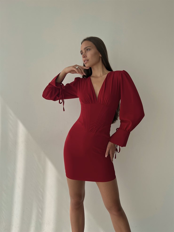 Korse Derin V Yaka Bağlama Detaylı Uzun Kol Reynold Kadın Kırmızı Mini Elbise 23K000038