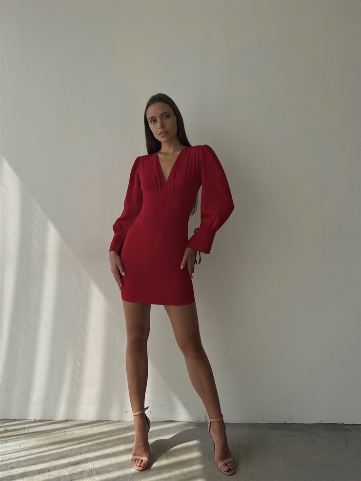 Korse Derin V Yaka Bağlama Detaylı Uzun Kol Reynold Kadın Kırmızı Mini Elbise 23K000038