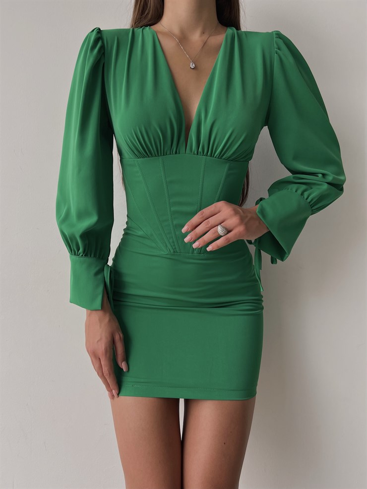 Korse Derin V Yaka Bağlama Detaylı Uzun Kol Reynold Kadın Yeşil Mini Elbise 23K000038