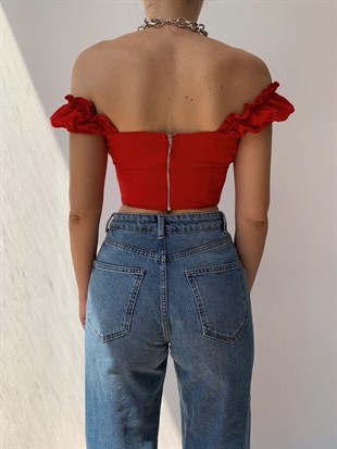 Korse Detaylı Açık Omuz Elizabeth Kadın Kırmızı Bluz 21Y000464
