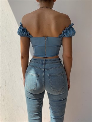 Korse Detaylı Açık Omuz Elizabeth Kadın Mavi Bluz 21Y000464