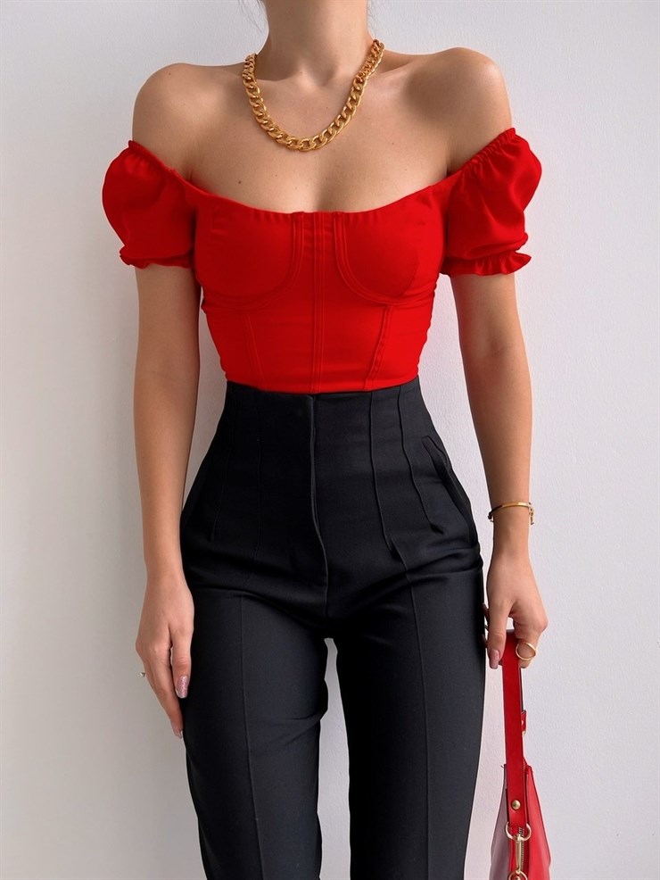 Korse Düçük Omuz Danna Kadın Kırmızı Crop Bluz 22K000529